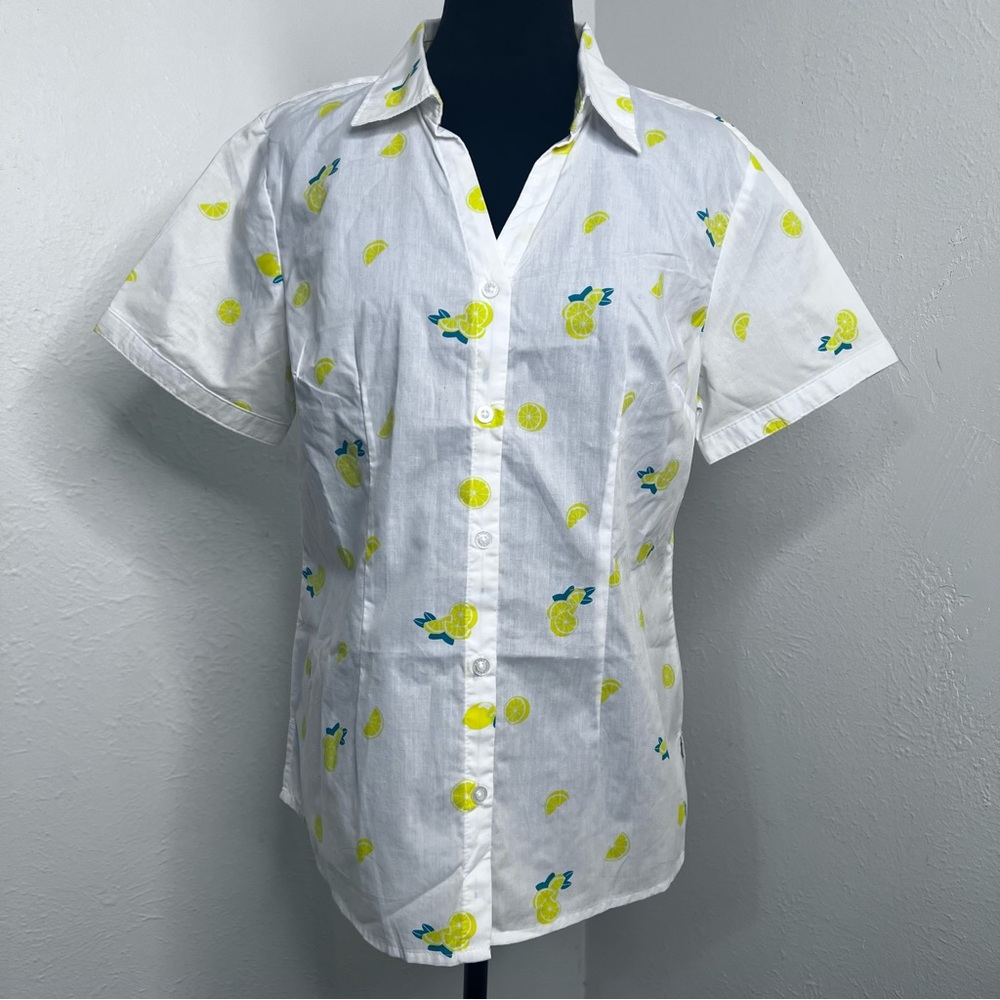 Laura Scott White Shirt top with Lemon Design button-up Sz M